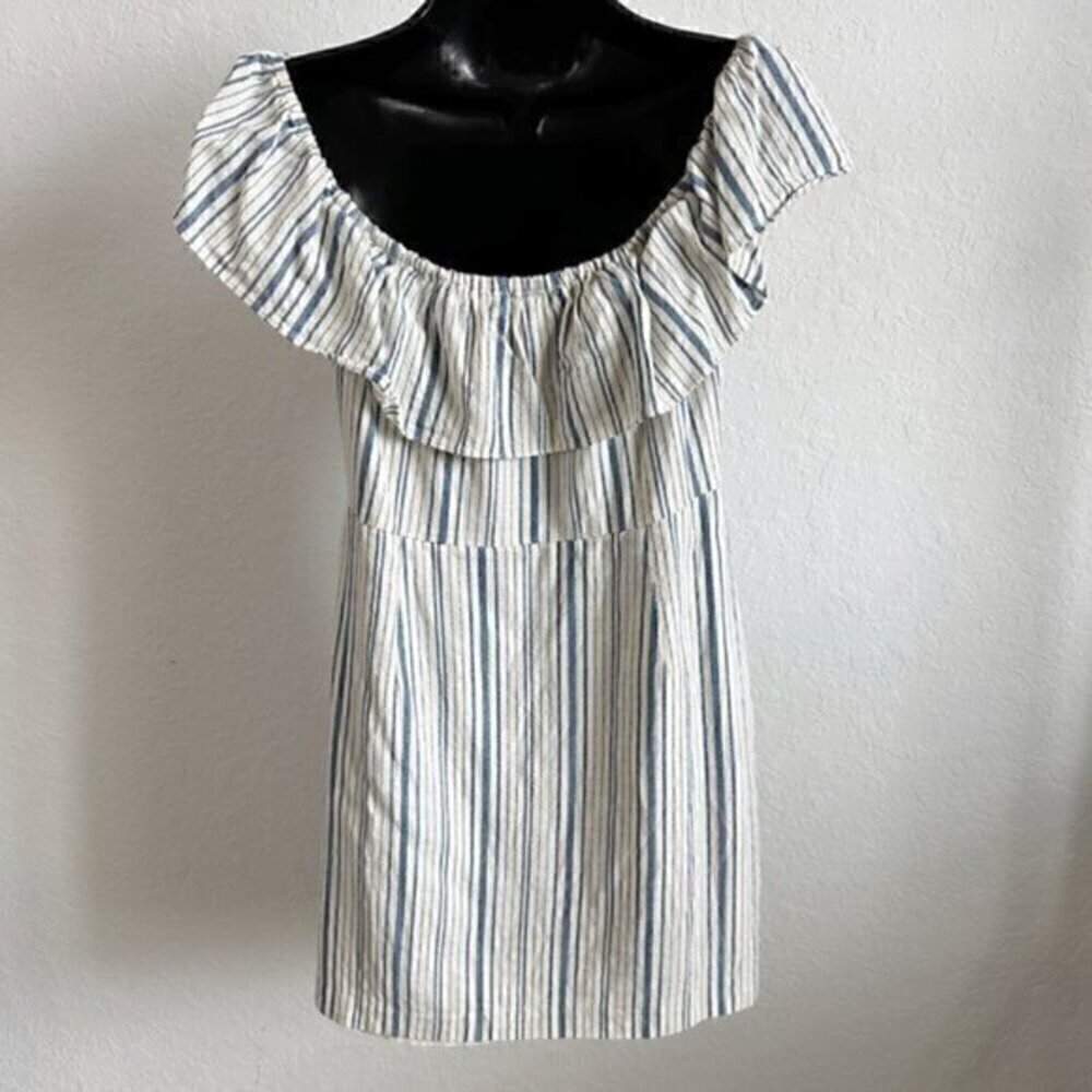 Wayf Off The Shoulder Striped Ruffle Button Up Dress Blue Cream Size Medium - Picture 8 of 12